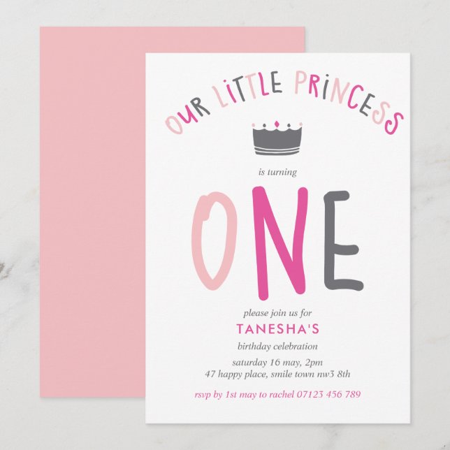 Invitation Little Princess Premier anniversaire Pink Party (Devant / Derrière)
