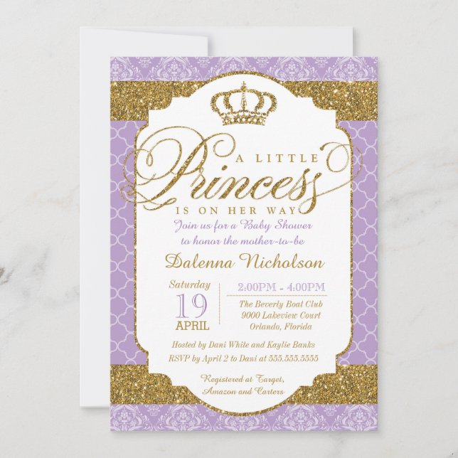 Invitation Little Princess Royal Purple and Gold Baby shower (Devant)