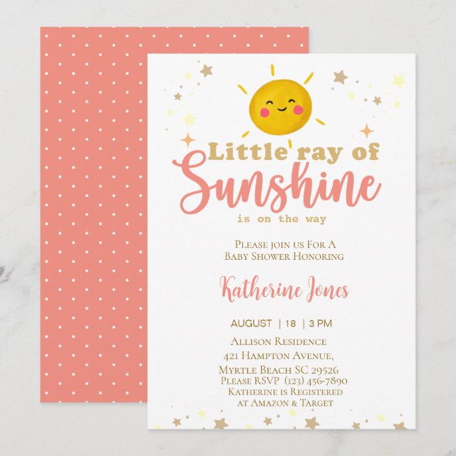 Invitation Little Ray of Sunshine Girls Baby shower (Devant / Derrière)