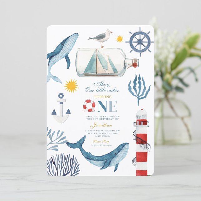 Invitation Little Sailor Sea Whale Lighthouse 1er anniversair (Créateur téléchargé)