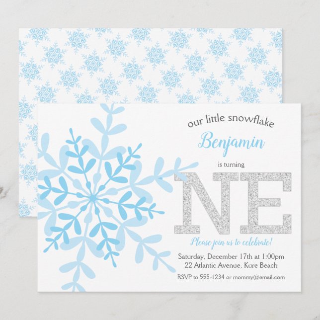 Invitation Little Snowflake Blue Silver Parties scintillant 1 (Devant / Derrière)