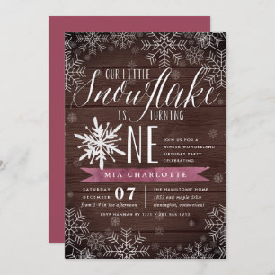 Invitation Little Snowflake Plum Bois rustique Premier annive
