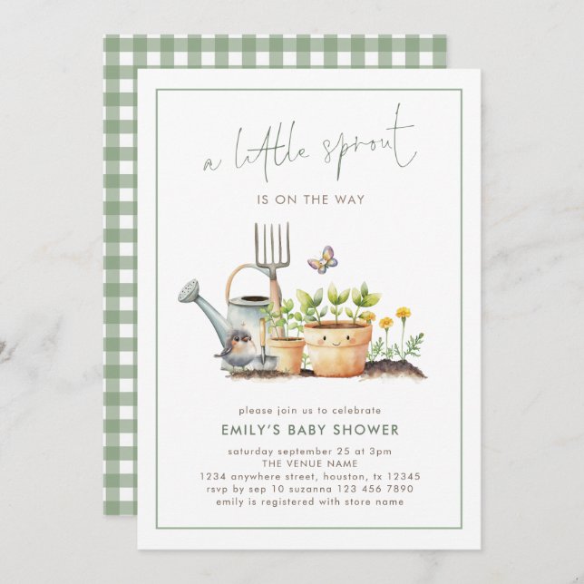 Invitation Little Sprout Border Sage Gingham Baby Shower  (Devant / Derrière)