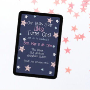 Invitation Little Star Fête Son Premier Anniversaire Rose Ble