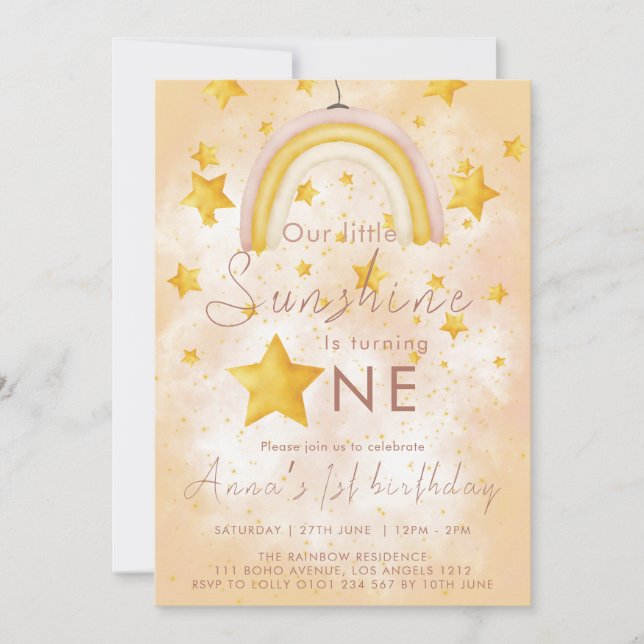 Invitation Little Sunshine Boho Rainbow Gold Star Anniversair (Devant)