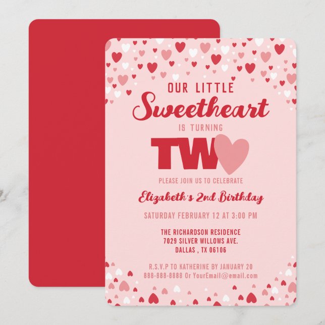 Invitation Little Sweetheart à deux ans fête d'anniversaire (Devant / Derrière)