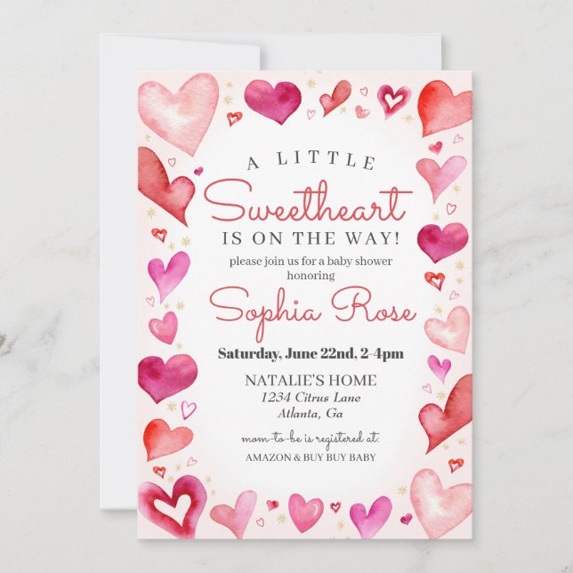 Invitation Little Sweetheart Février baby shower pour fille (Devant)