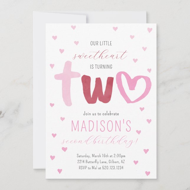 Invitation Little Sweetheart Pink Red Hearts 2e anniversaire (Devant)