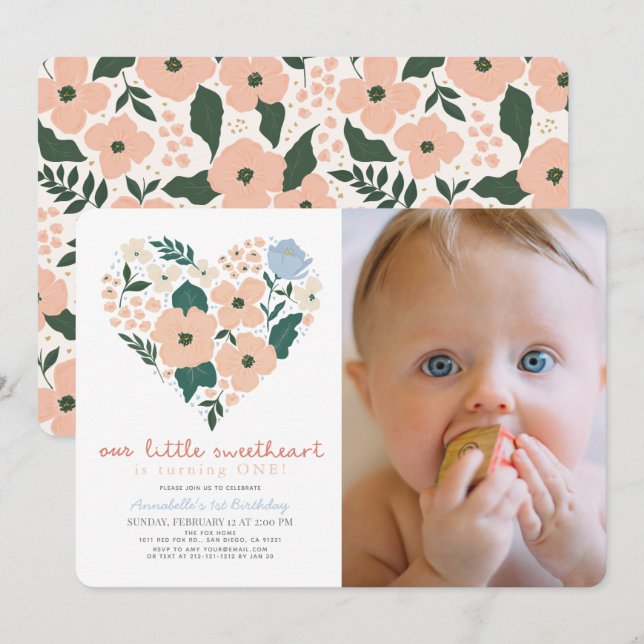 Invitation Little Sweetheart rose Floral 1er anniversaire Pho (Devant / Derrière)