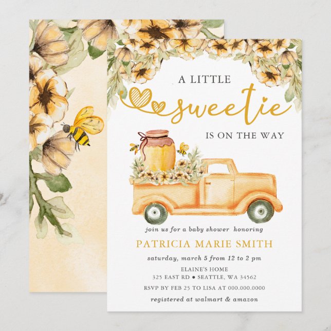 Invitation Little Sweetie Est Sur Le Chemin Baby shower Honey (Devant / Derrière)