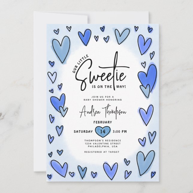 Invitation Little Sweetie Valentine Hearts Baby shower bleu (Devant)