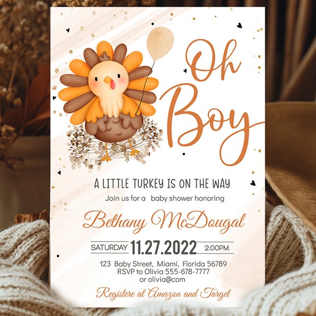 Invitation Little Turkey Thanksgiving Baby shower Personnalis (Little Turkey On The Way! Thanksgiving baby shower favor tags with turkey design, warm autumn colors)