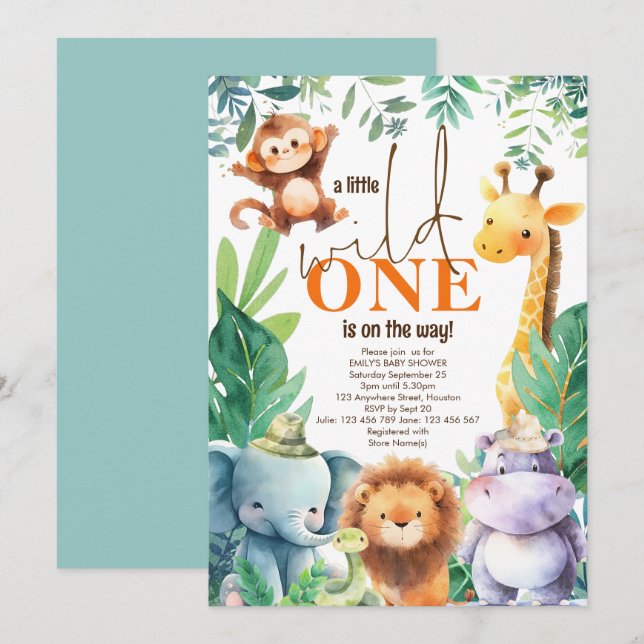 Invitation Little Wild One En Chemin Jungle Animaux Baby show (Devant / Derrière)