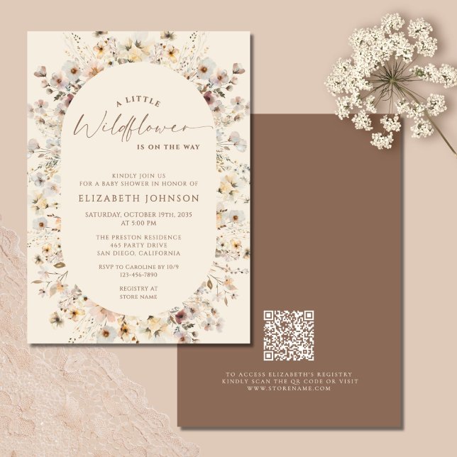 Invitation Little Wildflower Rustic QR Code Baby Shower  (Créateur téléchargé)