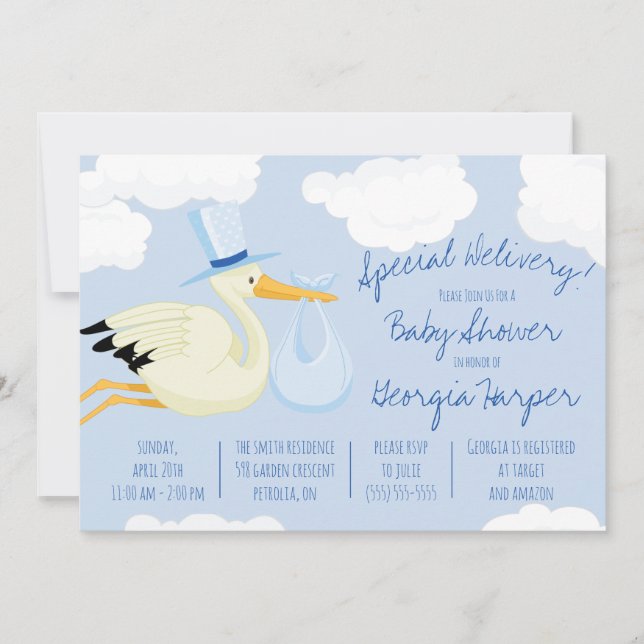 Invitation Livraison spéciale !  Baby shower de la cigogne bl (Devant)