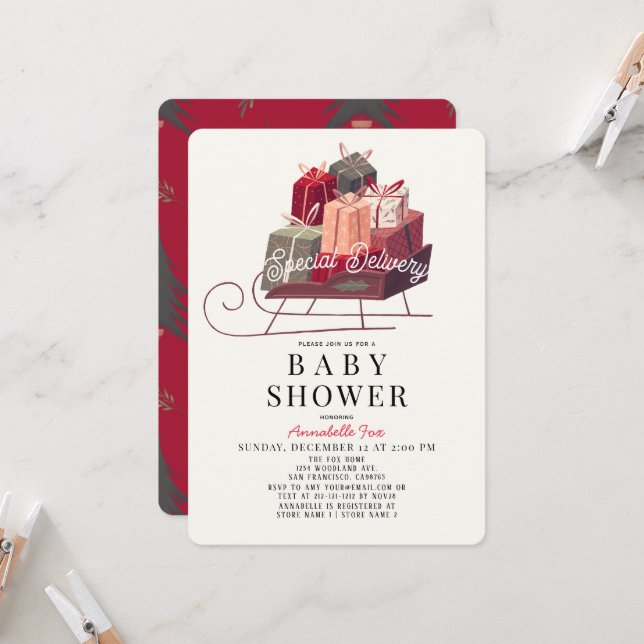 Invitation Livraison spéciale Cadeaux de nuit Baby shower de  (Devant/Arrière en situation)