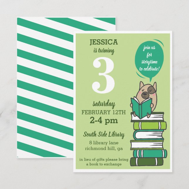 Invitation Livre Anniversaire de la bibliothèque Green Invita (Devant / Derrière)
