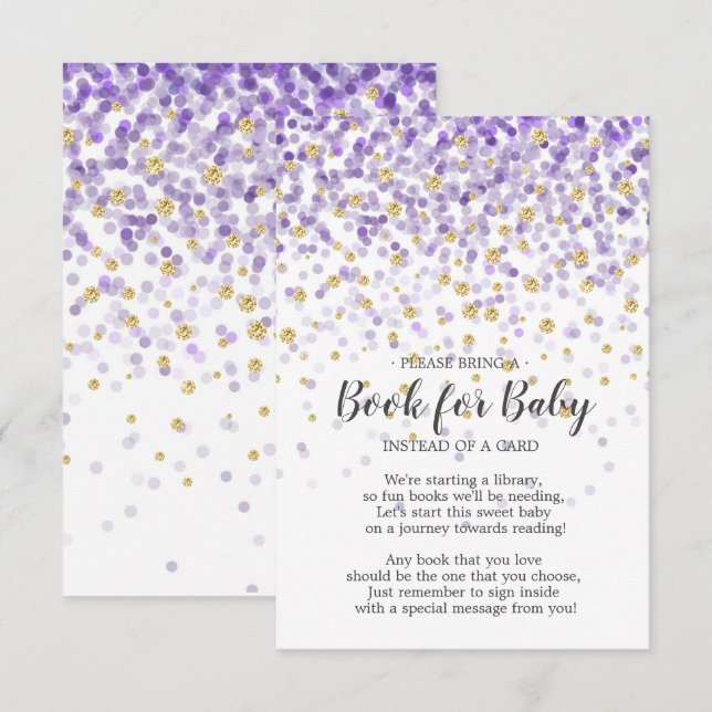Invitation Livre de Baby shower Confetti en or pourpre pour b (Devant / Derrière)