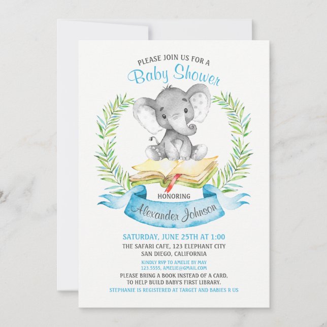 Invitation Livre de Baby shower de garçon Elephant d'aquarell (Devant)