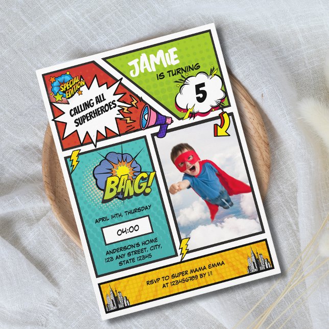 Invitation Livre de bande dessinée Superhero Photo unique gar (Superhero Comic Book Photo Boy's birthday invitation)