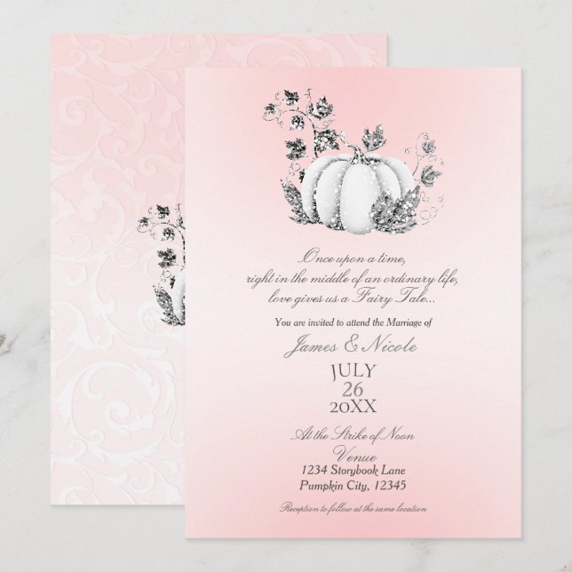 Invitation Livre d'histoire Citrouille rose et argent Mariage (Devant / Derrière)