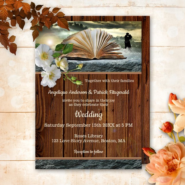 Invitation Livre d'histoire d'amour de roses Mariage ou anniv (Artistic wedding invitation featuring roses on a book in a romance novel scene with rustic wood)