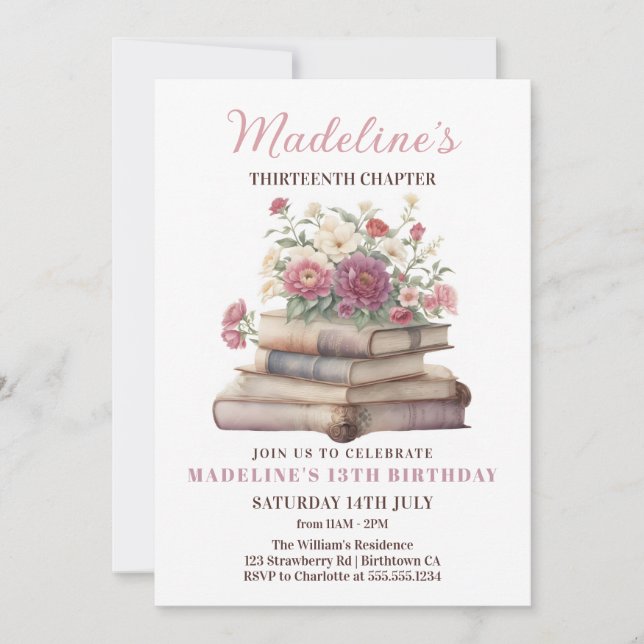 Invitation Livre floral fille anniversaire (Devant)