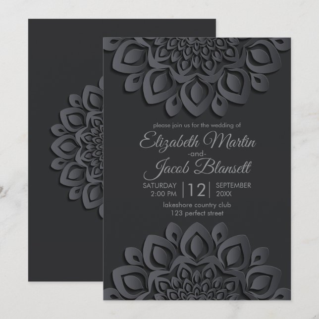 Invitation Livre noir contemporain coupé Mandala Mariage (Devant / Derrière)