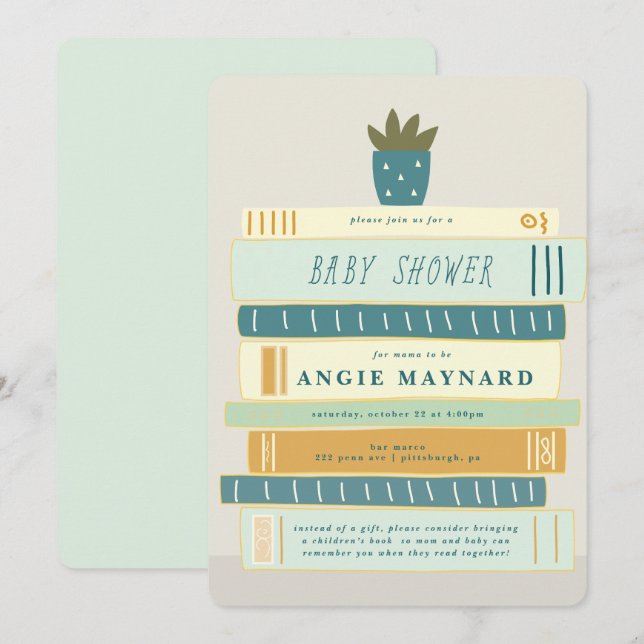 Invitation Livres en bleu et ivoire pour Baby shower bébé (Devant / Derrière)