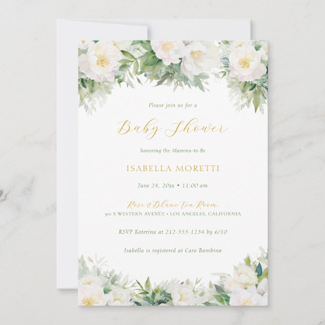 Invitation Livres floraux blanc et or pour Baby shower bébé (Devant)
