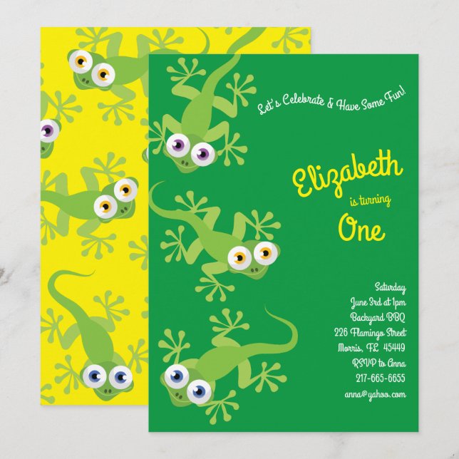 Invitation Lizards Geckos Cute Kids 1ère fête d'anniversaire (Devant / Derrière)