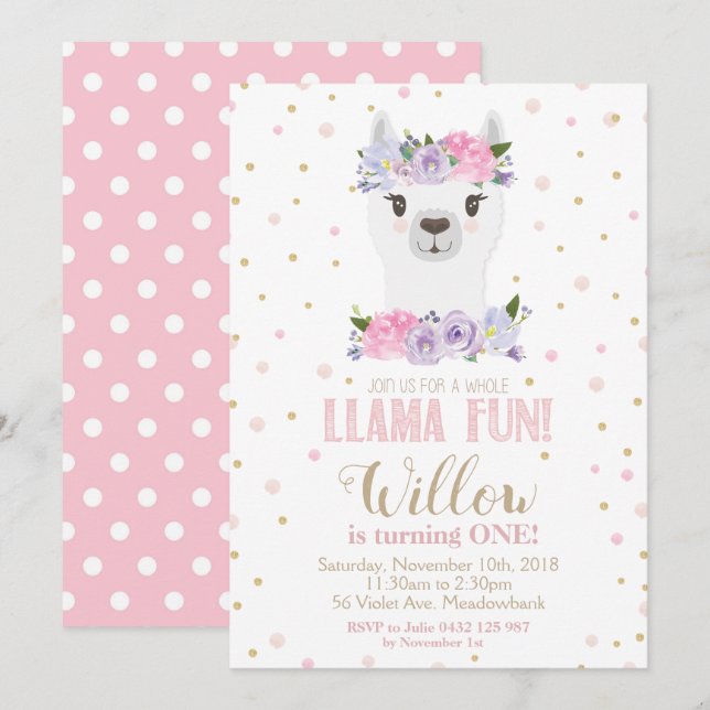 Invitation Llama 1er Anniversaire Fille Florale Pink Purple (Devant / Derrière)