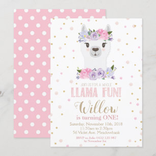Invitation Llama 1er Anniversaire Fille Florale Pink Purple