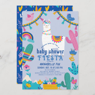 Invitation Llama Alpaca Cactus Fiesta Blue Boy Baby shower