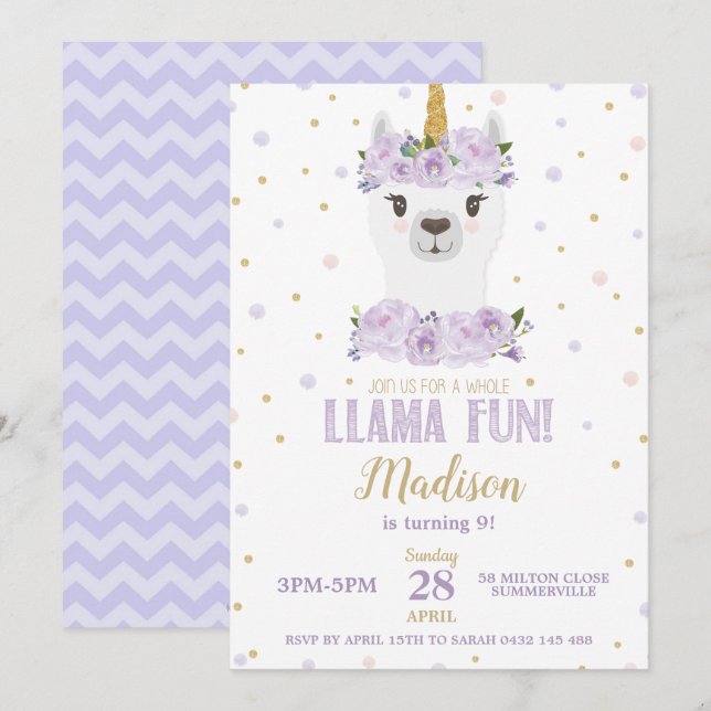 Invitation Llama Amusant Anniversaire Fête Purple Floral Girl (Devant / Derrière)
