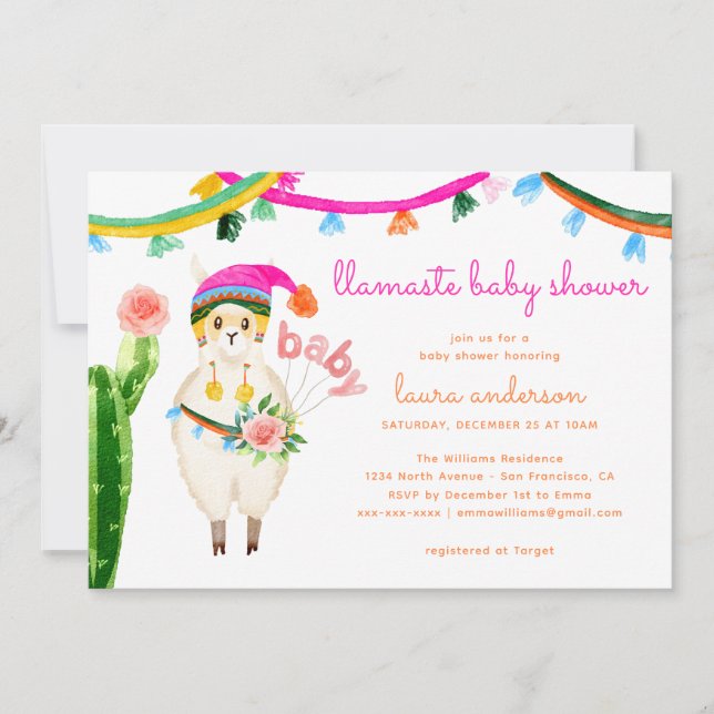 Invitation Llama Baby shower coloré mexicain (Devant)