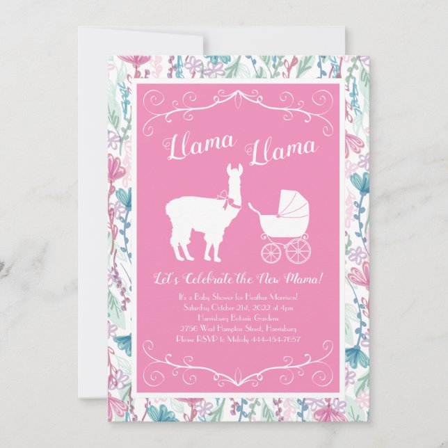 Invitation Llama Baby shower mignonne fille rose (Devant)