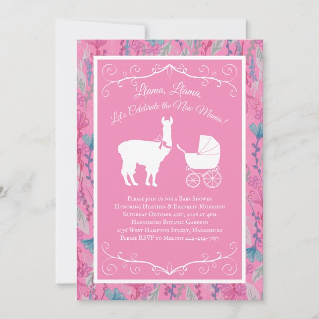 Invitation Llama Baby shower mignonne Rose Girl Mama Invitati (Devant)