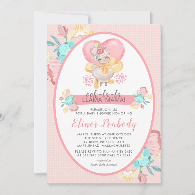 Invitation Llama Baby shower rose Floral (Devant)