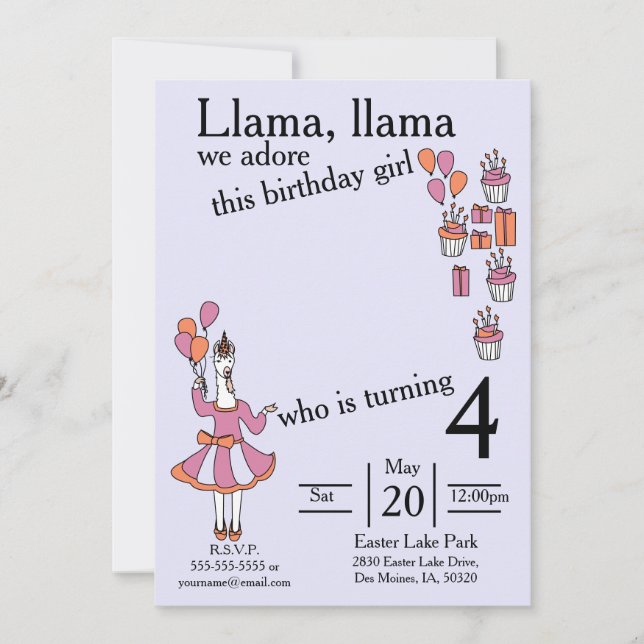 Invitation Llama Birthday Girl lavendar et orange (Devant)