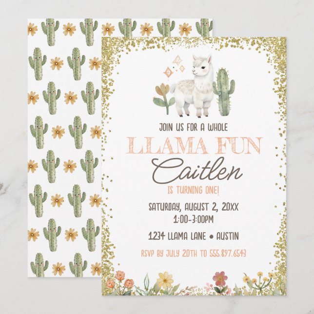 Invitation Llama Cactus Anniversaire Parties scintillant d'or (Devant / Derrière)