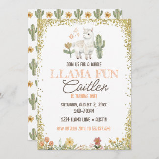 Invitation Llama Cactus Anniversaire Parties scintillant d'or