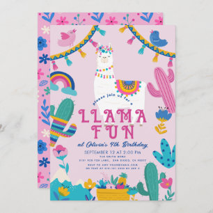 Invitation Llama Fun Alpaca fille rose Anniversaire