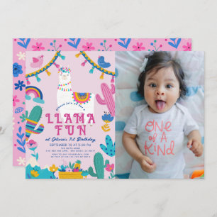 Invitation Llama Fun Alpaca Girl rose 1er anniversaire Photo