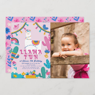 Invitation Llama Fun Alpaca Girl rose Anniversaire Photo