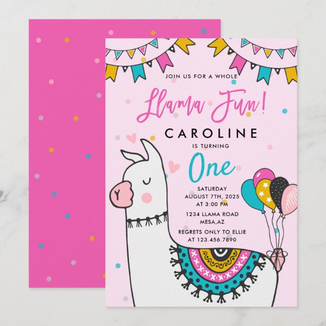 Invitation Llama Fun Anniversaire (Devant / Derrière)