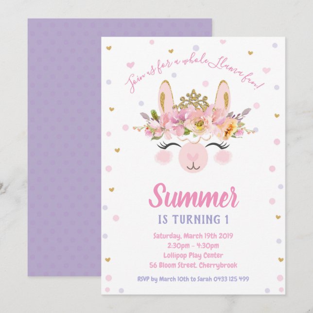 Invitation Llama Fun Girl 1er Anniversaire Fête Alpaca (Devant / Derrière)