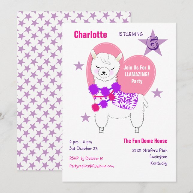 Invitation Llama Llamazing Girls mignonne fête d'anniversaire (Devant / Derrière)