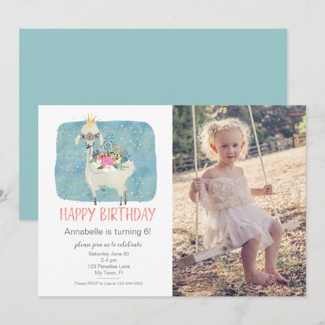Invitation Llama Love Aquarelle mignonne Photo Anniversaire (Devant / Derrière)