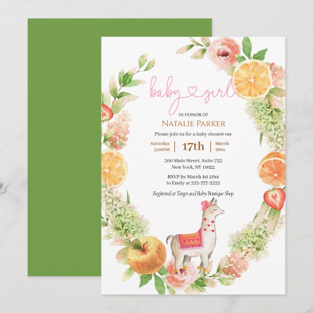 Invitation Llama Mama Agrumes Flore Vert Bébé Fille Douche (Devant / Derrière)